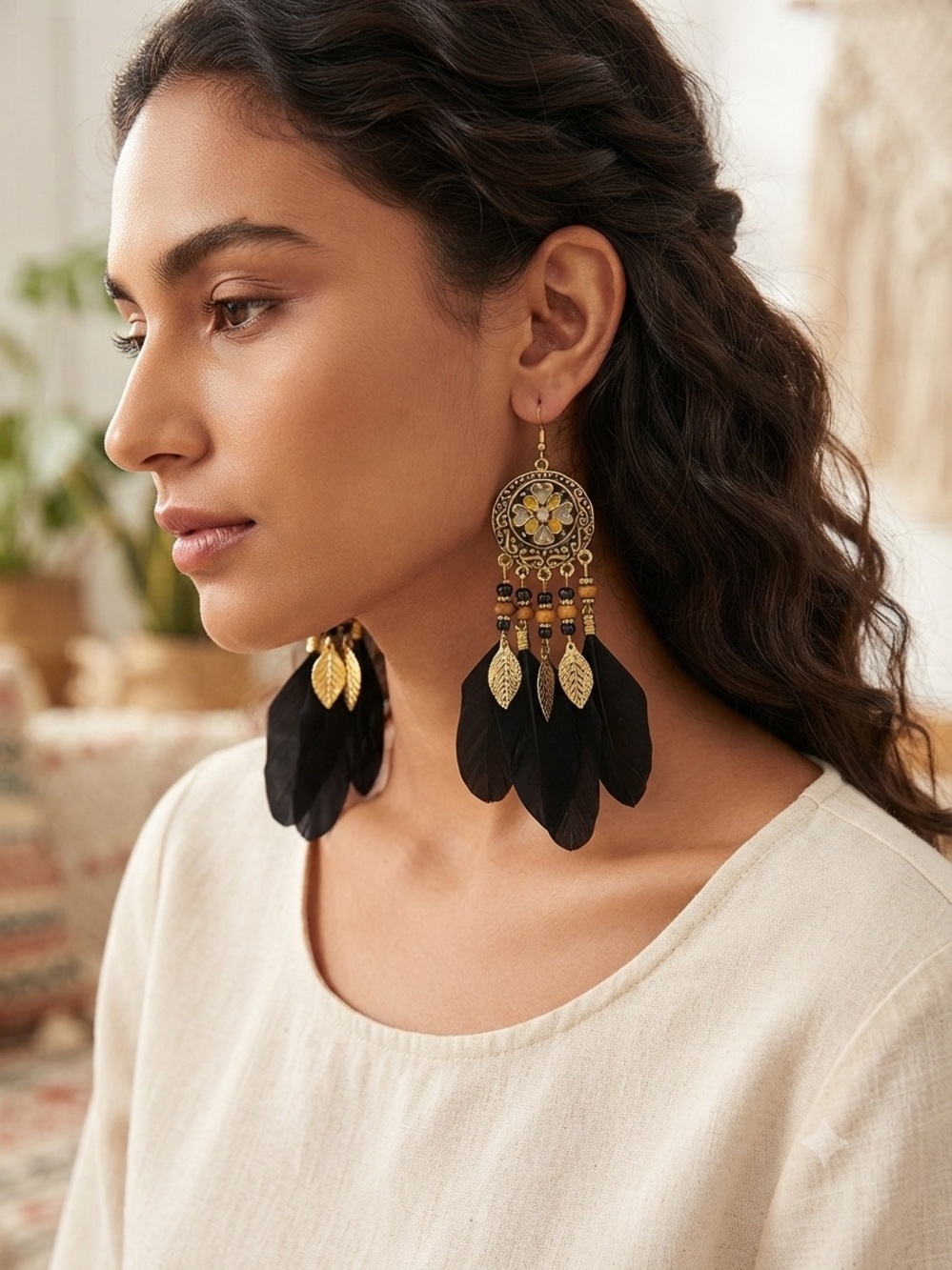 Boho Gold Tone Black Feather Dangle Earrings